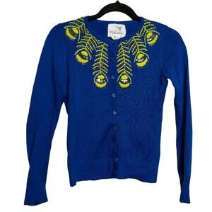 Anthro Tabitha Limabird Cardigan Blue Yellow Neon Embroidery XS
